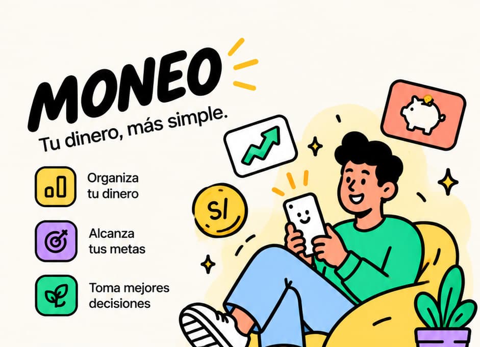 MONEO - Tu dinero, más simple. Chico en sillón con ilustraciones financieras